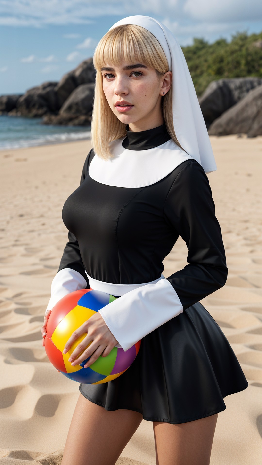 Young Woman in Playful Nun Costume on Beach