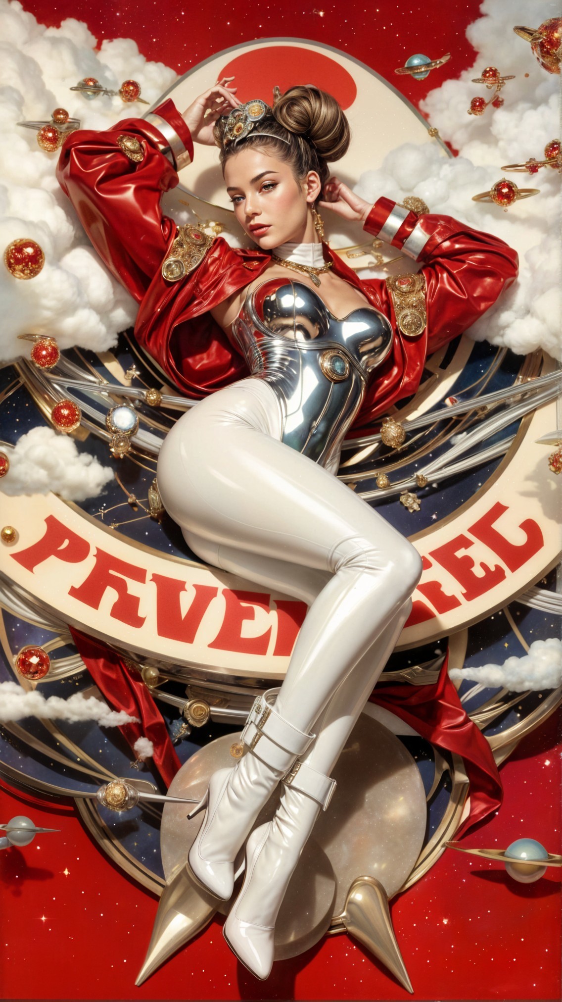 Glamorous Figure in Futuristic Silver Bodysuit and Cosmic Scene