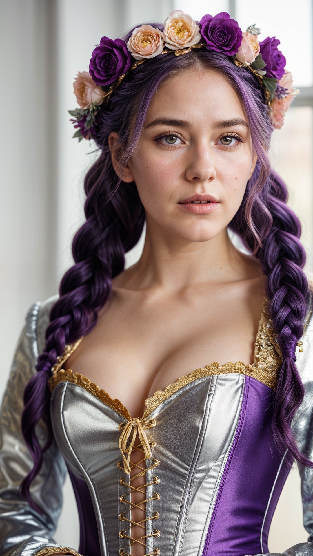 Young woman with purple hair in elegant costume and crown