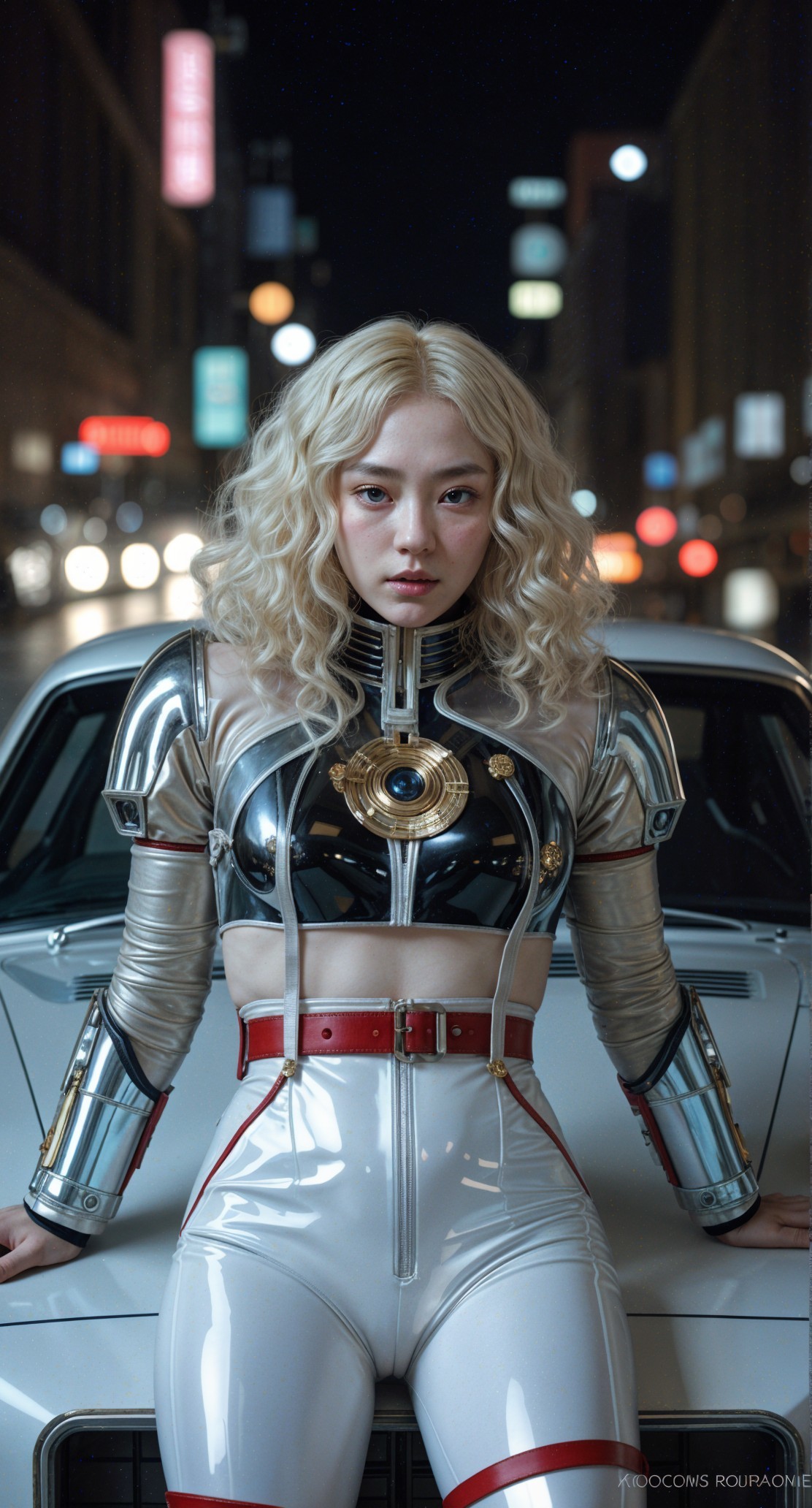 Futuristic Figure on Classic Car with Neon City Lights