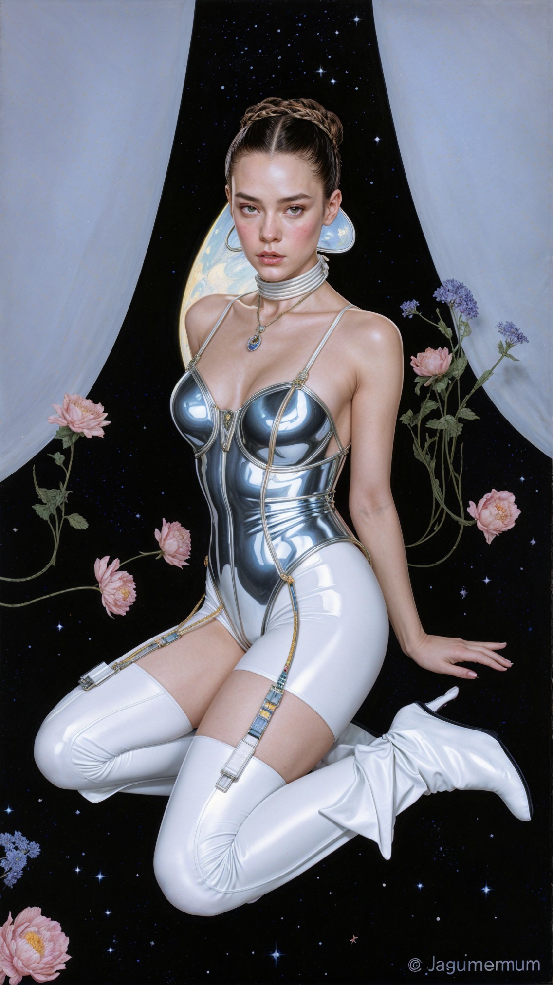 Futuristic Woman in Silver Bodysuit with Roses