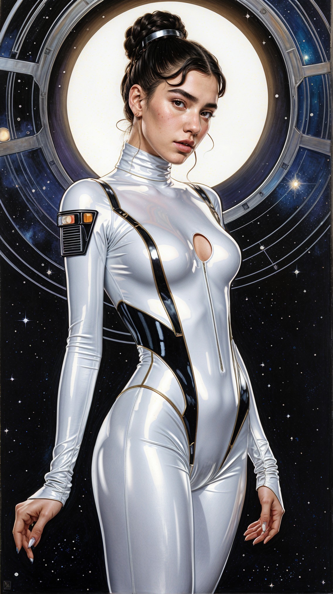 Young Woman in Futuristic Silver Spacesuit Against Stars