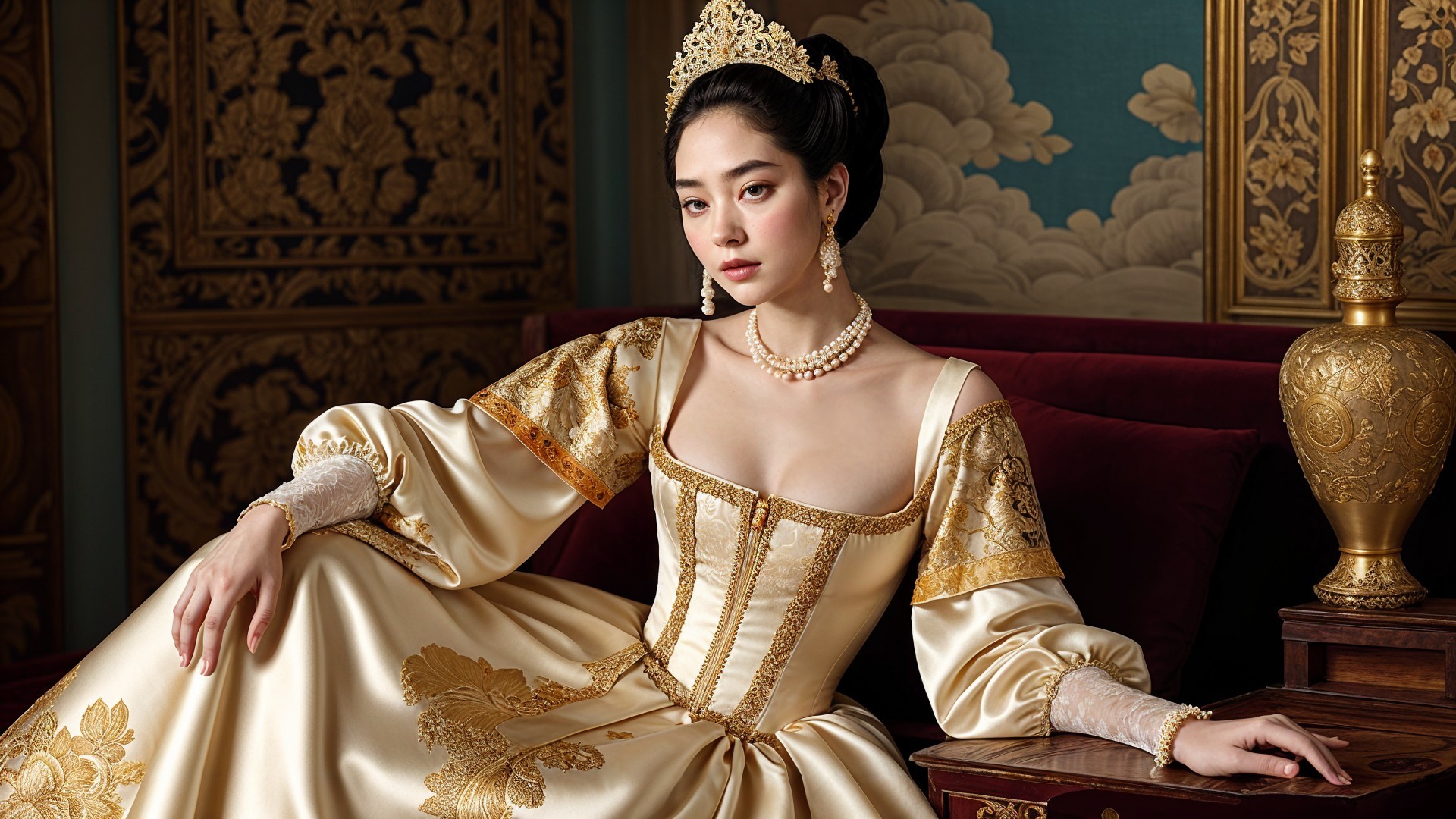 Elegant Woman in Luxurious Gown with Golden Embroidery
