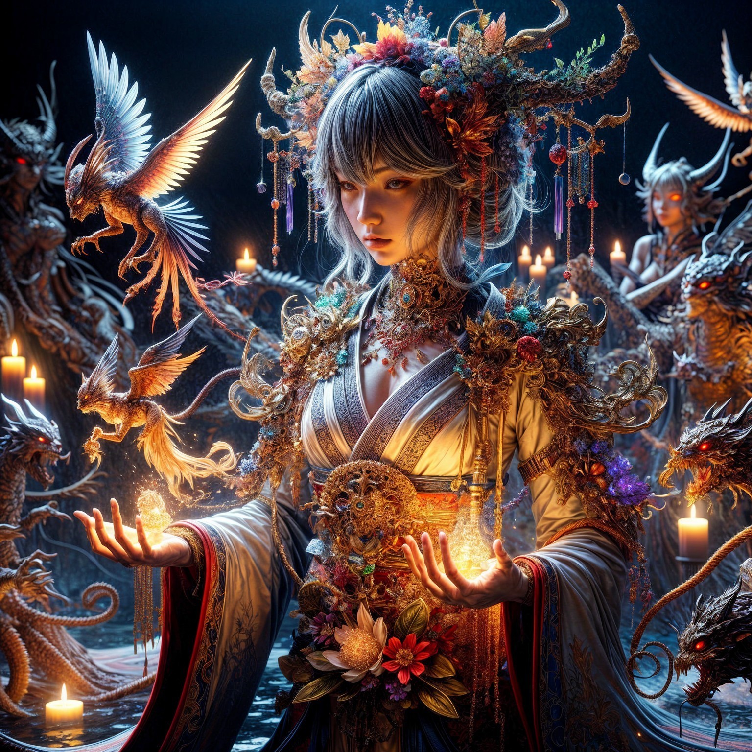 Fantasy Scene with Mystical Figure and Ethereal Creatures