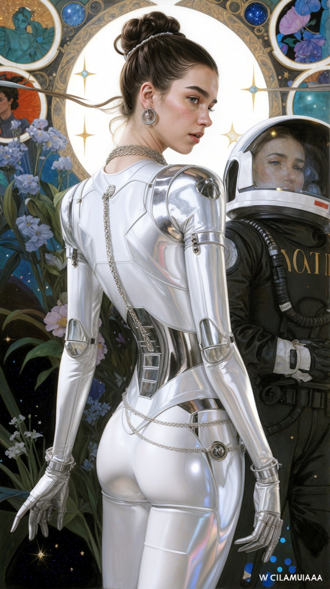 Futuristic Scene with Humanoid Character and Astronaut