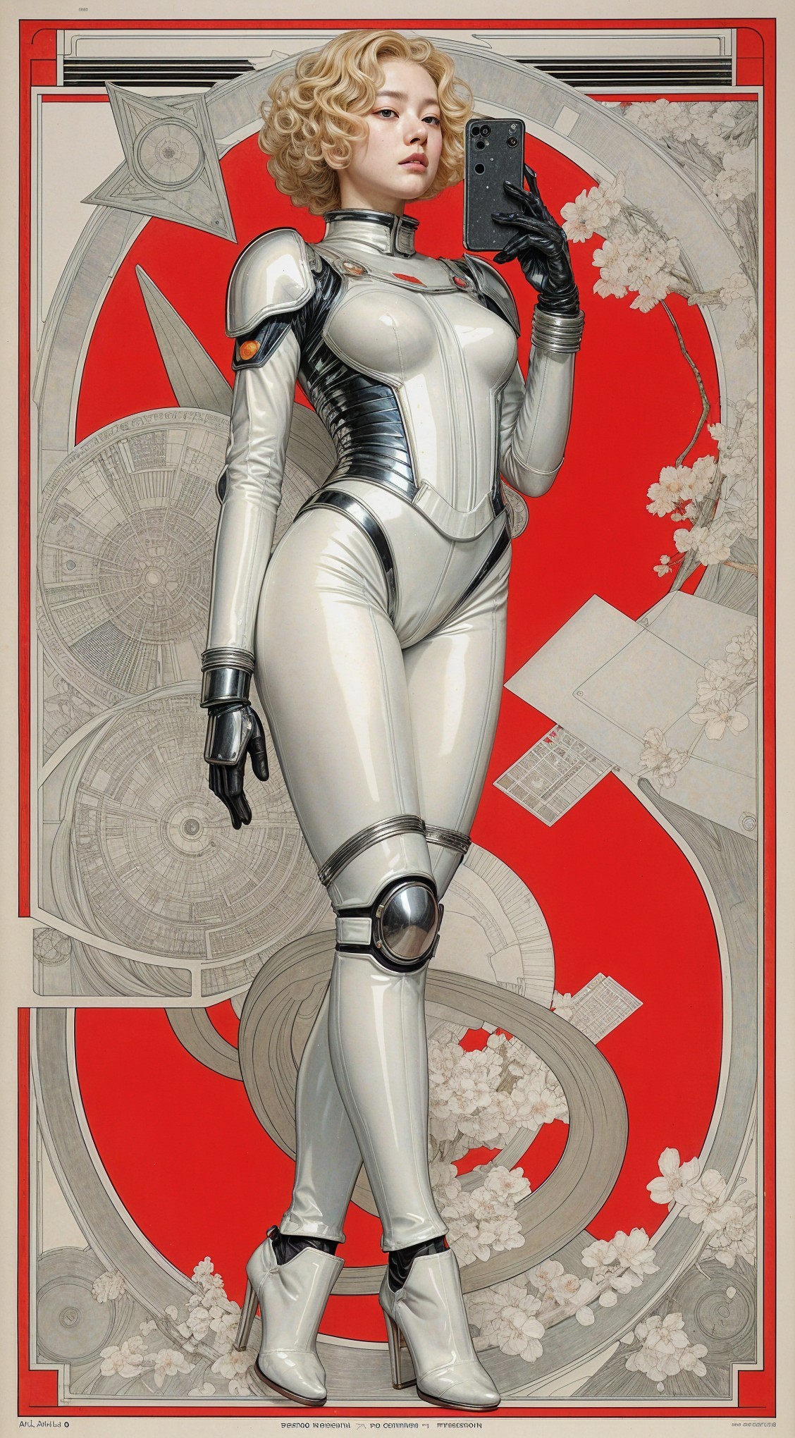 Futuristic character in silver suit with red backdrop