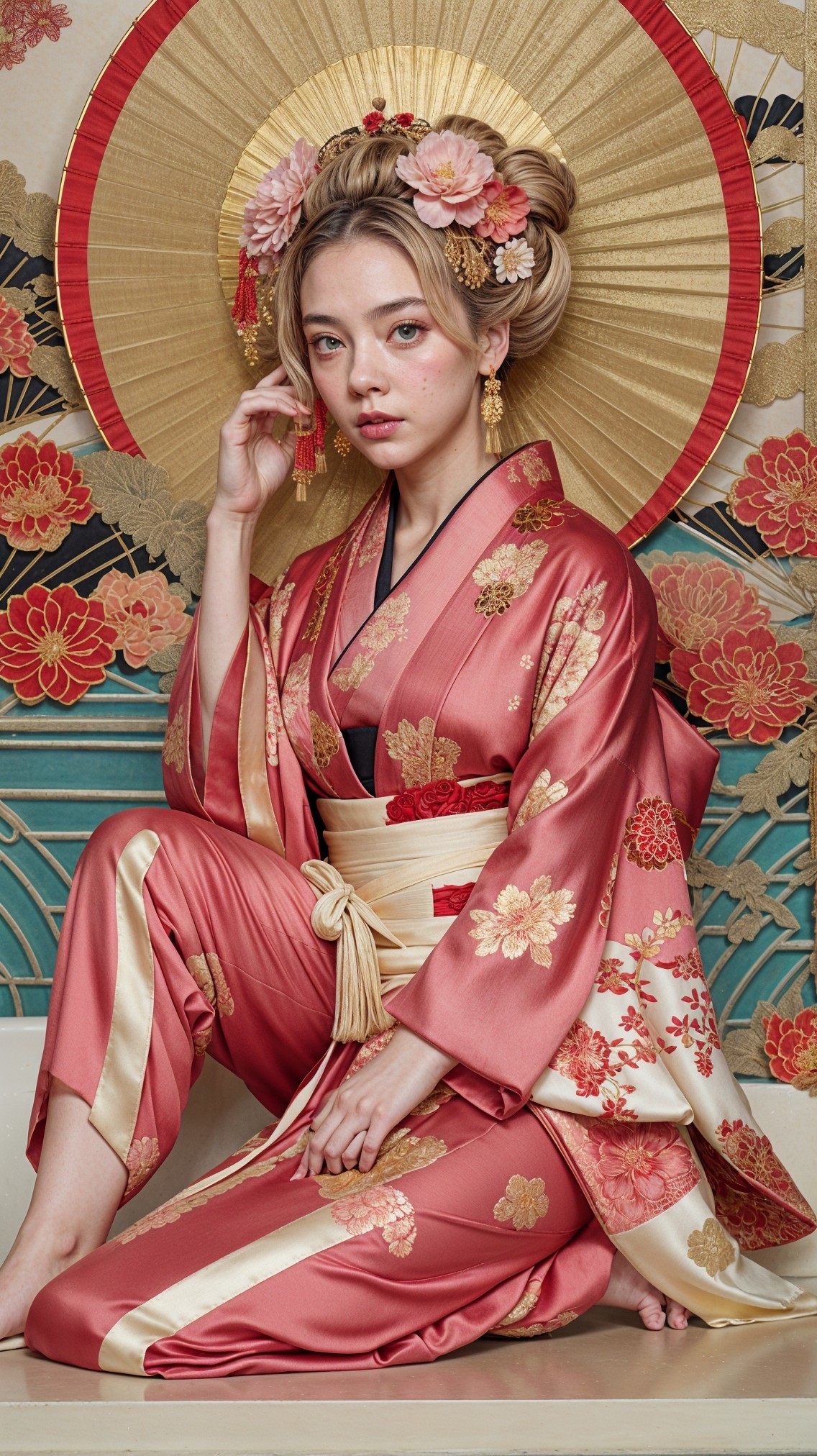 Woman in Traditional Kimono with Floral Patterns