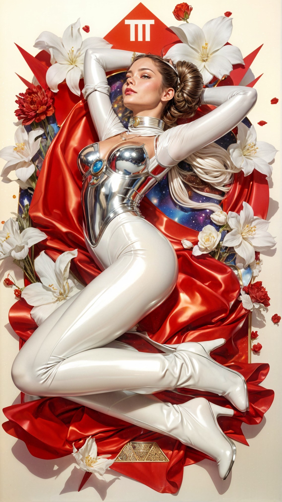 Futuristic Figure in Red Satin and White Lilies