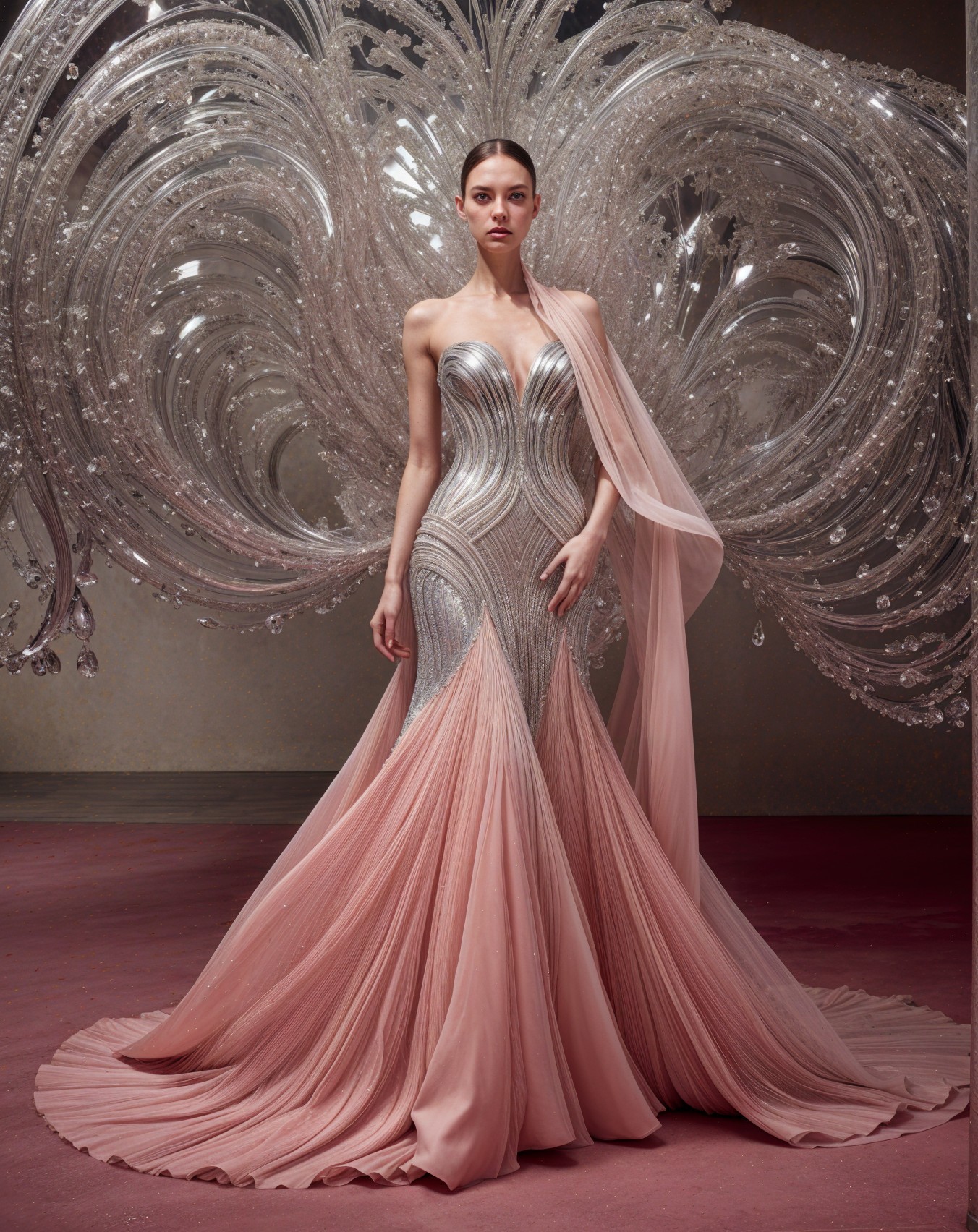 Form-fitting gown with beadwork and flowing train