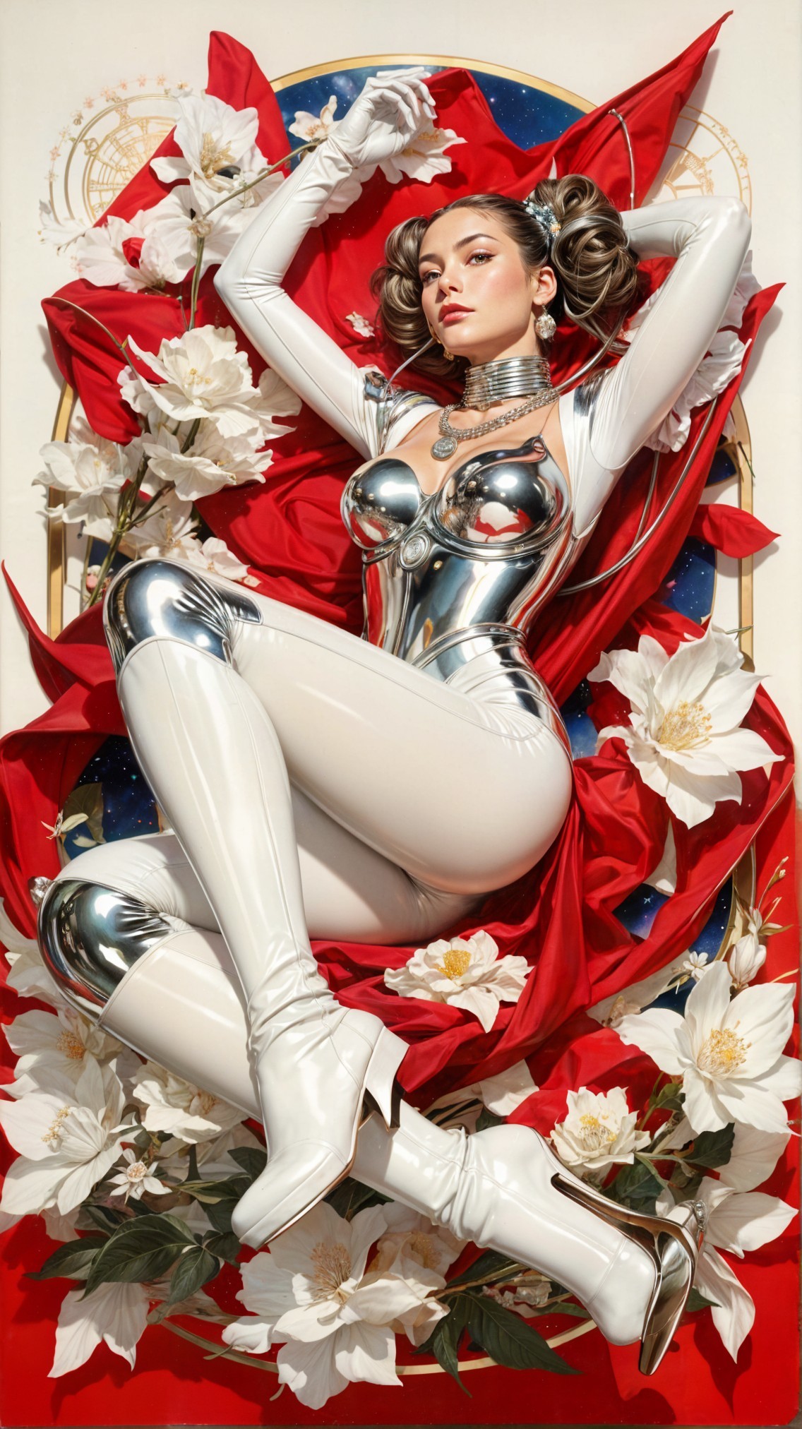 Futuristic Woman in Silver Bodysuit Among Flowers