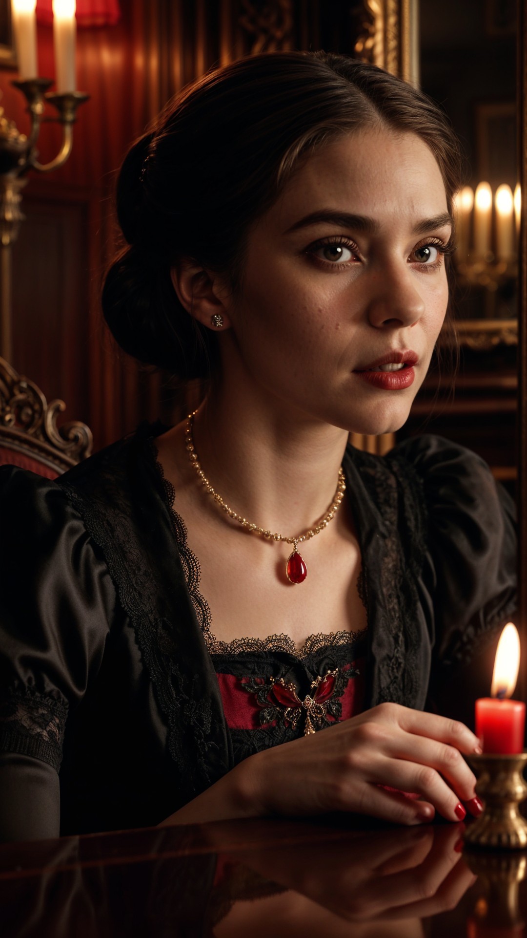 Elegant Woman in Lace Dress with Candlelight Glow