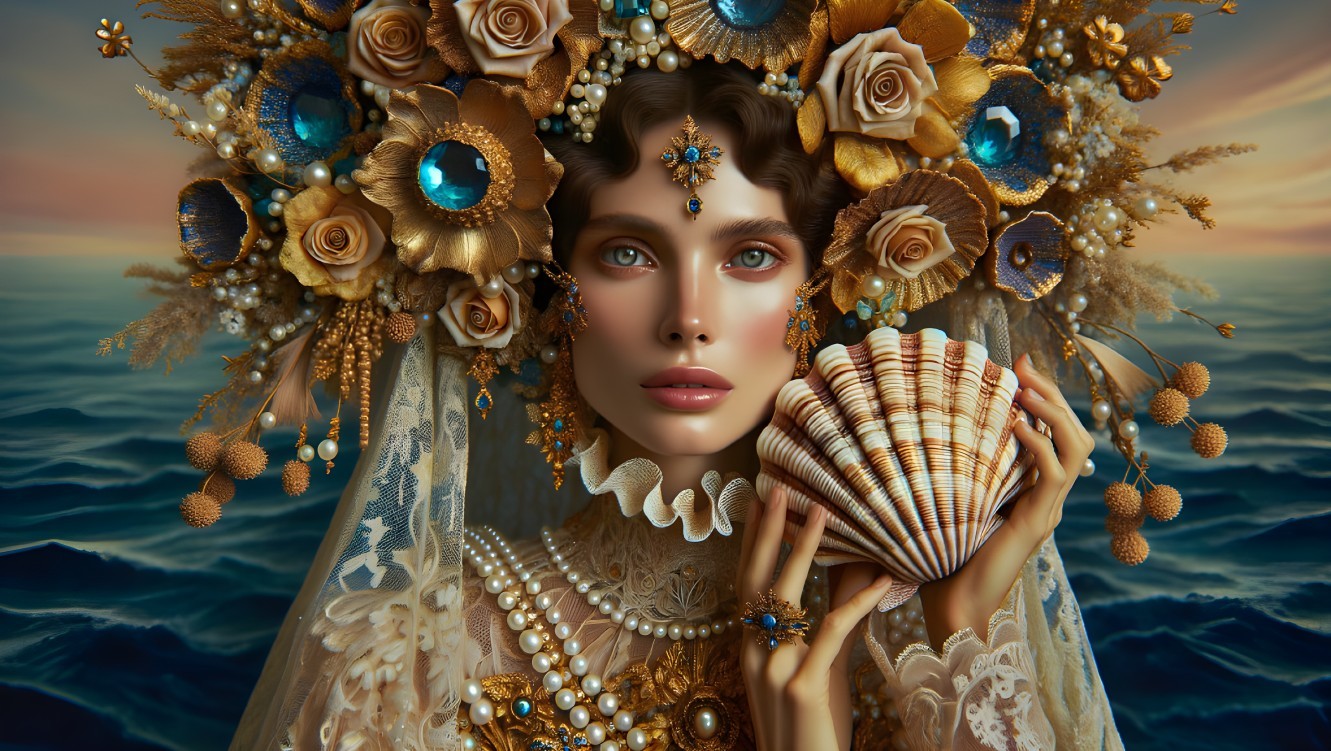 Ethereal Woman with Seashell Against Ocean Background