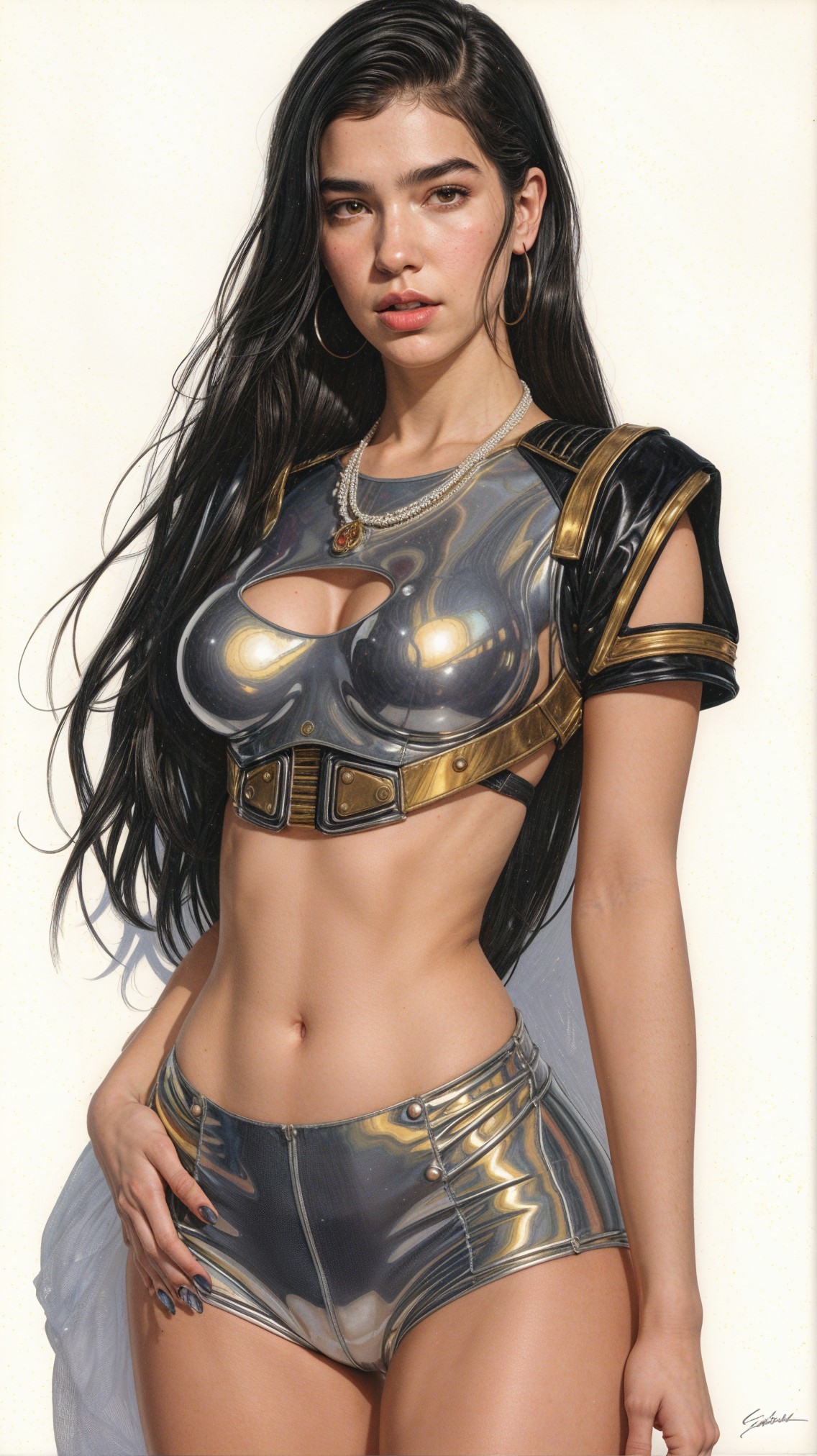 Young woman in futuristic outfit with metallic armor