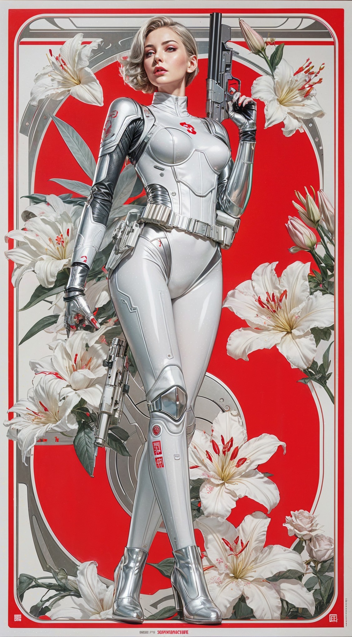 Futuristic Female Character in Silver Bodysuit and Armor