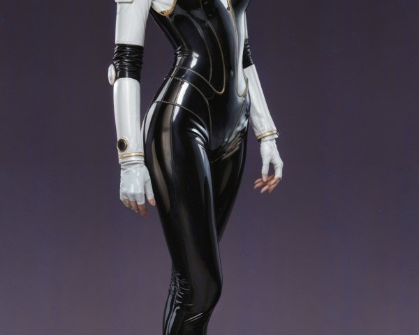 Futuristic character in sleek black and white outfit