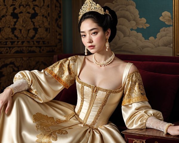 Elegant Woman in Luxurious Gown with Golden Embroidery