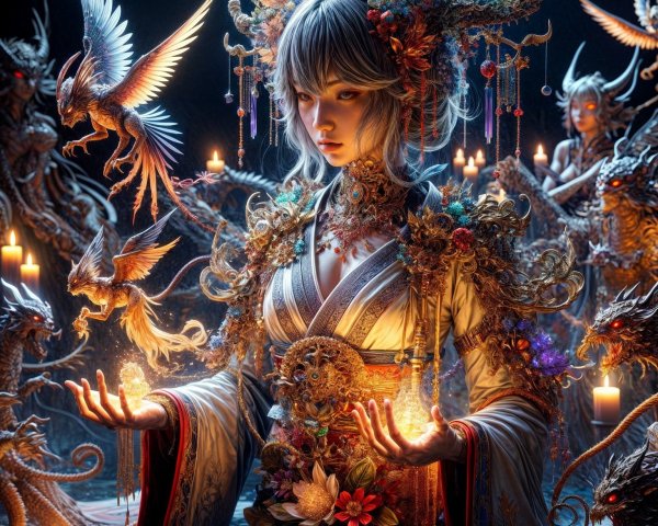 Fantasy Scene with Mystical Figure and Ethereal Creatures