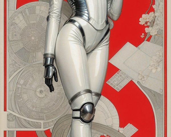 Futuristic character in silver suit with red backdrop