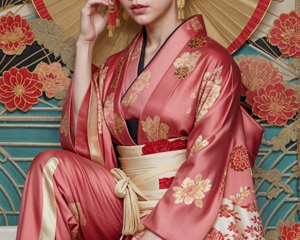 Woman in Traditional Kimono with Floral Patterns