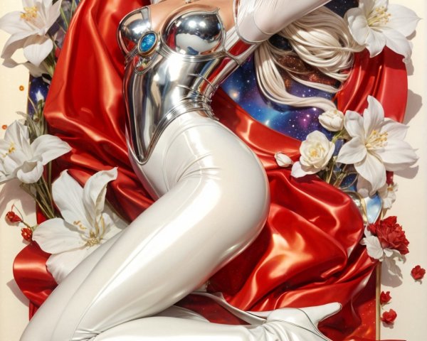 Futuristic Figure in Red Satin and White Lilies