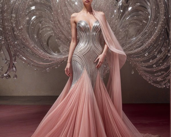 Form-fitting gown with beadwork and flowing train