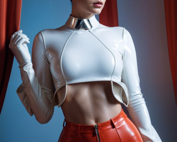 Futuristic Outfit with Glossy Top and Red Pants