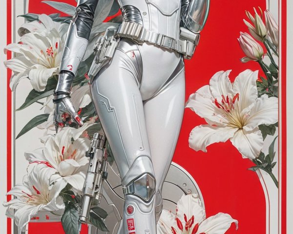 Futuristic Female Character in Silver Bodysuit and Armor