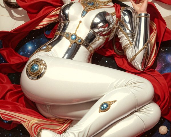 Futuristic Character in White Outfit Against Cosmic Backdrop