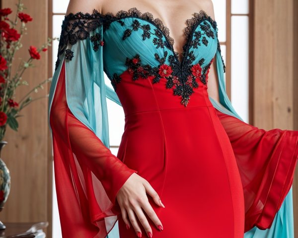Elegant Dress with Turquoise Bodice and Lace Details