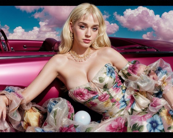 Elegant Woman in Floral Dress in Pink Convertible