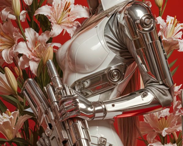 Futuristic figure in metallic outfit among white lilies