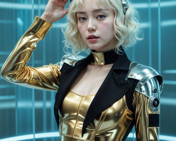 Young Woman in Futuristic Bodysuit with Headphones