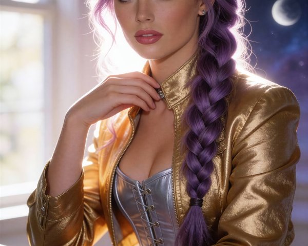 Seductive Woman in Metallic Outfit Against Moonlit Sky