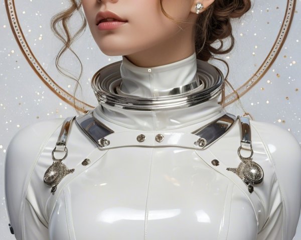 Futuristic Woman in White Outfit with Silver Accents
