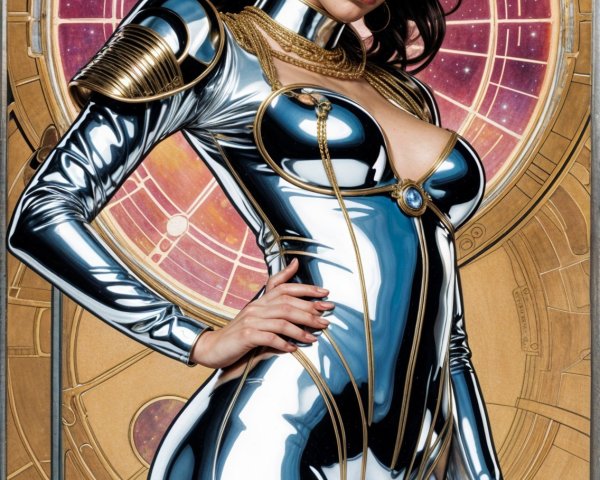 Futuristic figure in silver bodysuit with cosmic backdrop