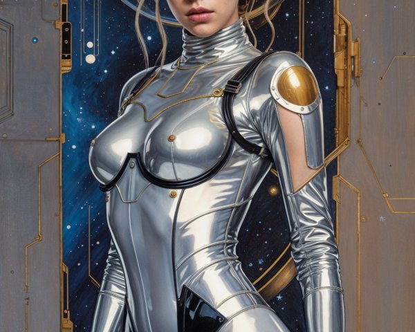 Futuristic Woman in Silver Bodysuit with Cosmic Backdrop