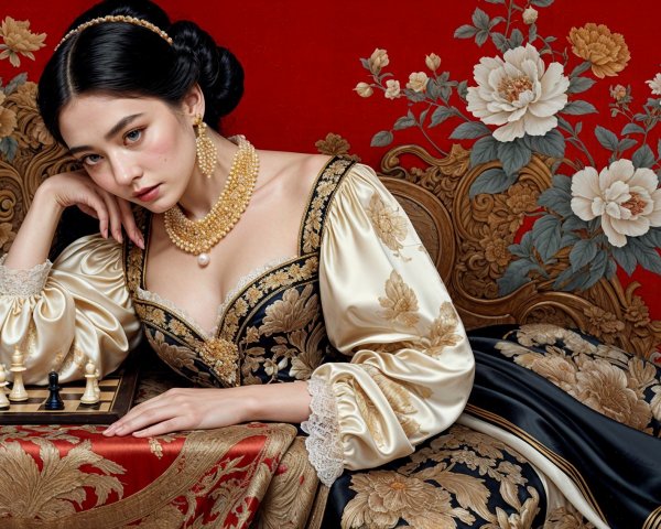 Young Woman in Luxurious Gown on Ornate Couch