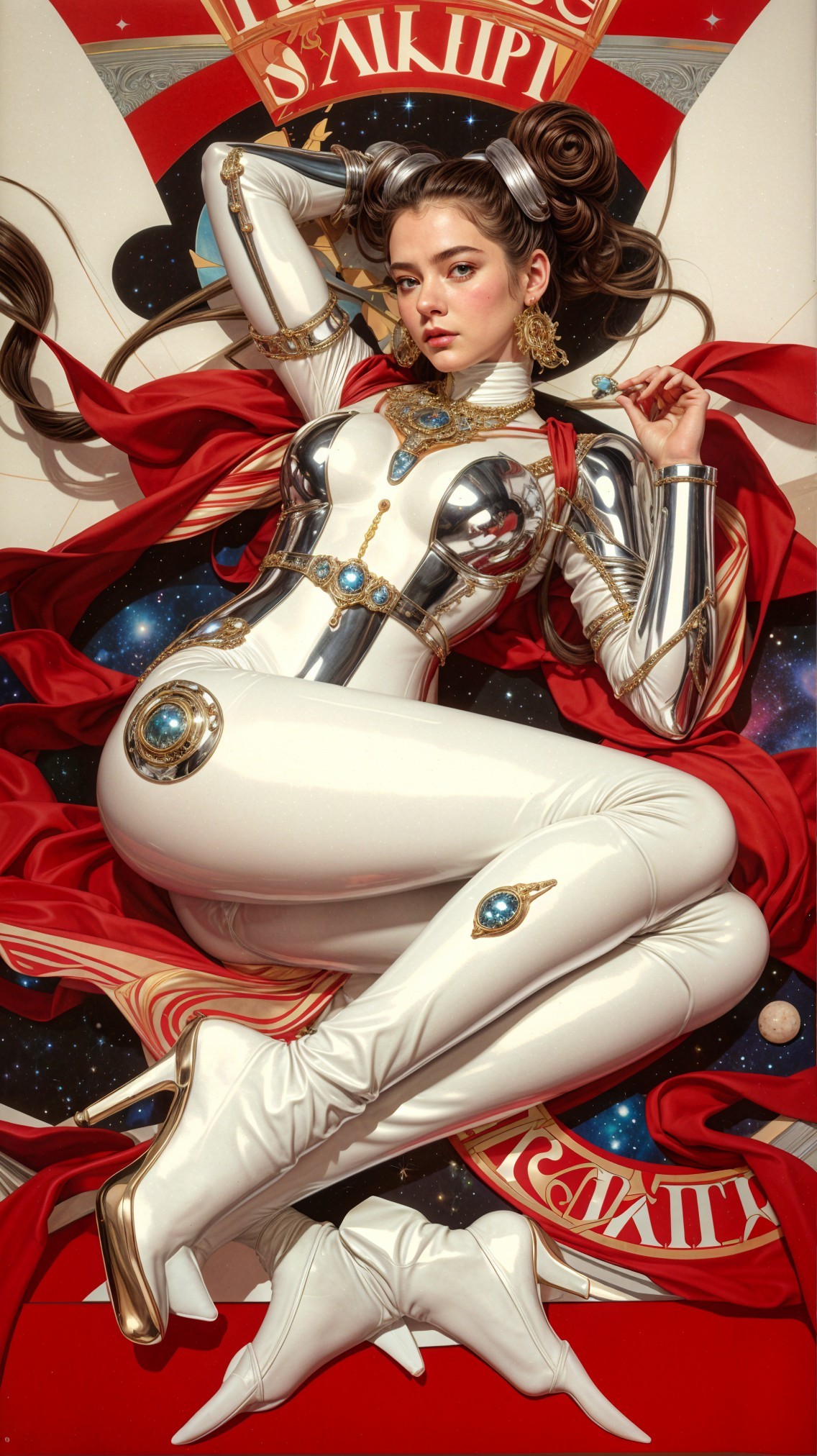 Futuristic Character in White Outfit Against Cosmic Backdrop