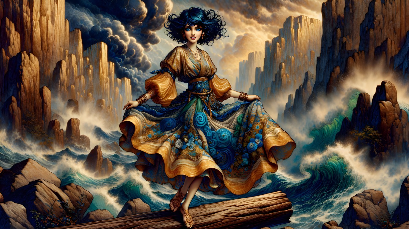 Whimsical Digital Artwork of Woman on Log Above Sea