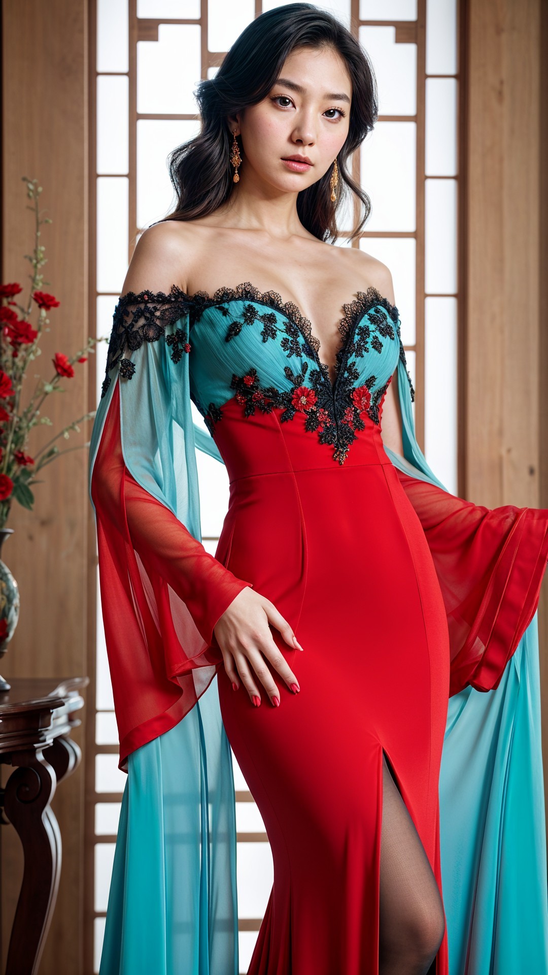 Elegant Dress with Turquoise Bodice and Lace Details