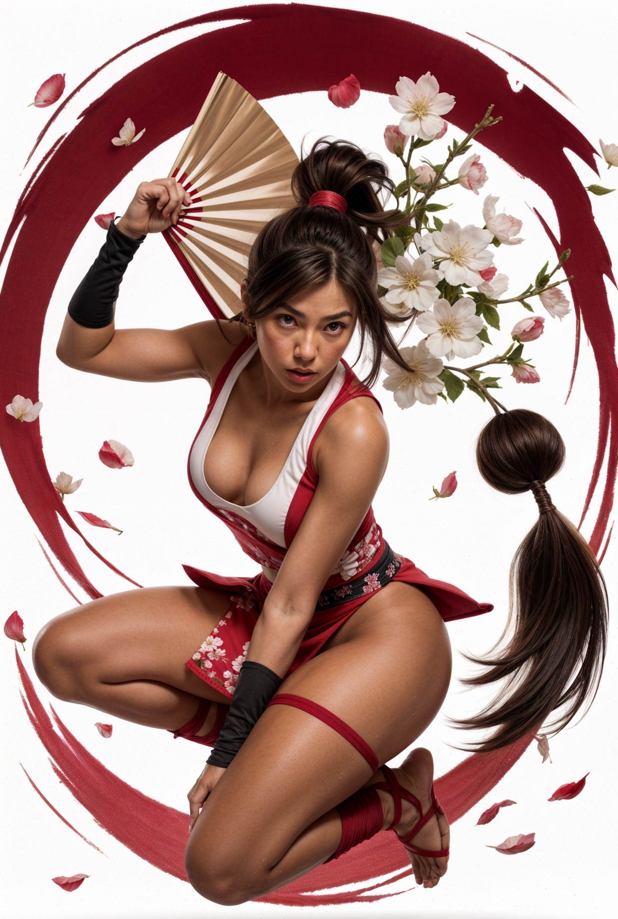 Female Figure in Action Pose with Cherry Blossoms