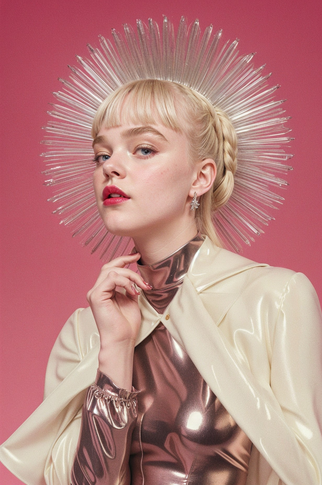Portrait of a model with blonde braid and metallic outfit
