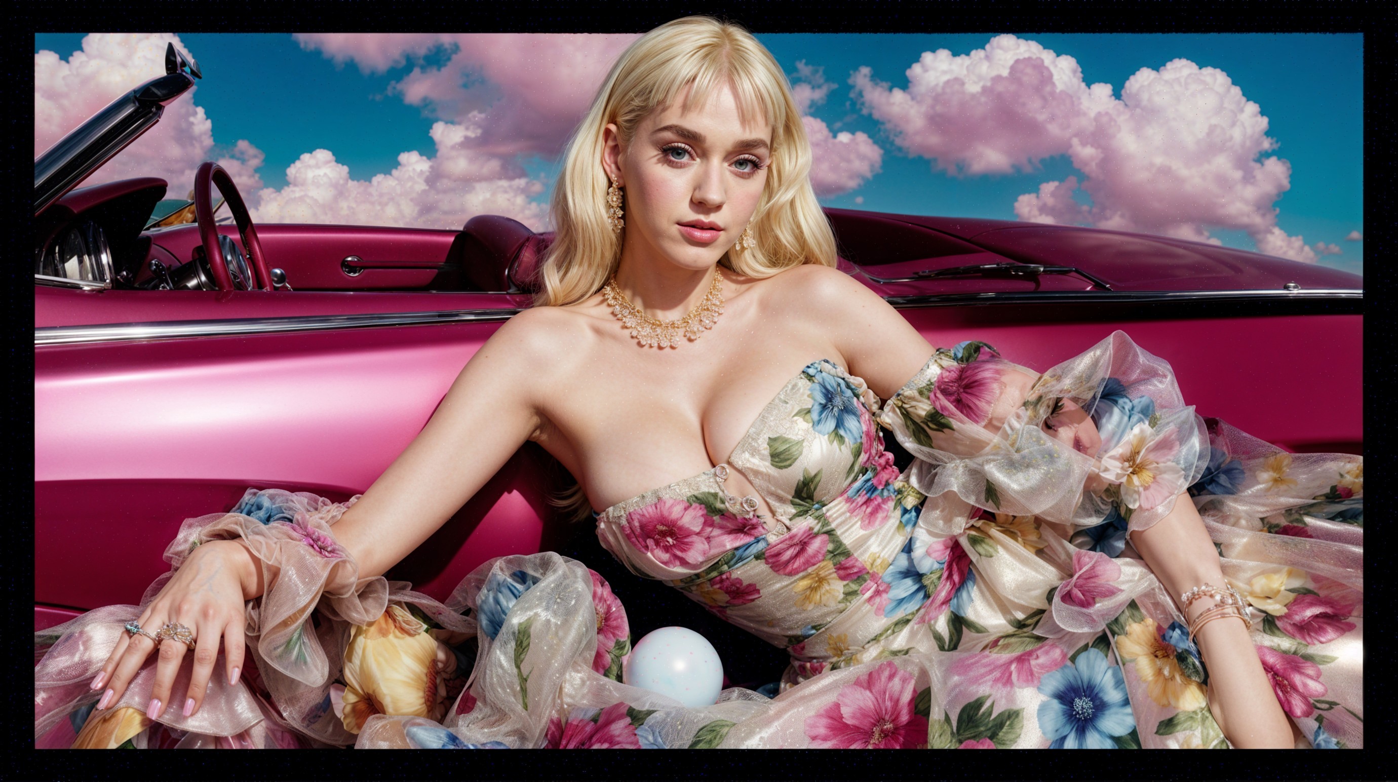Elegant Woman in Floral Dress in Pink Convertible