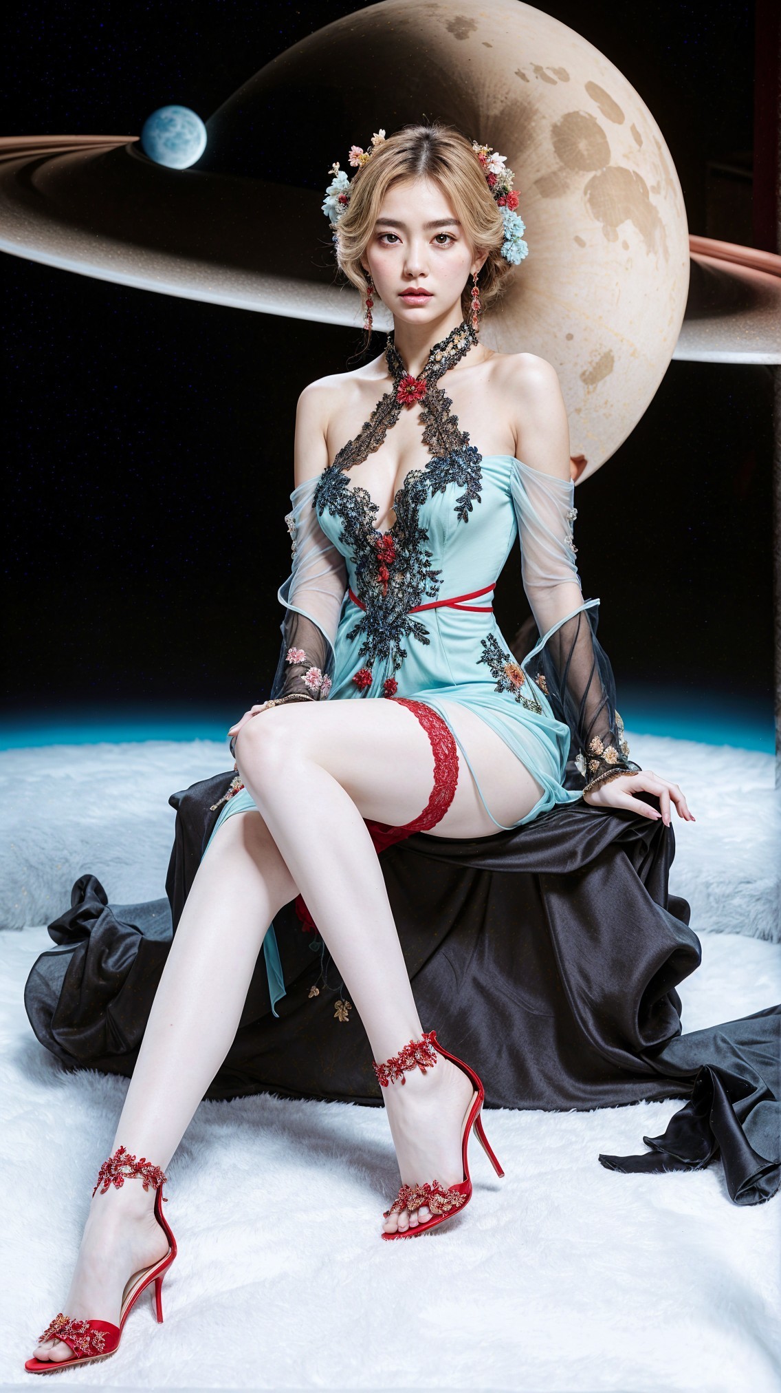 Young Woman in Light Blue Dress Against Cosmic Background