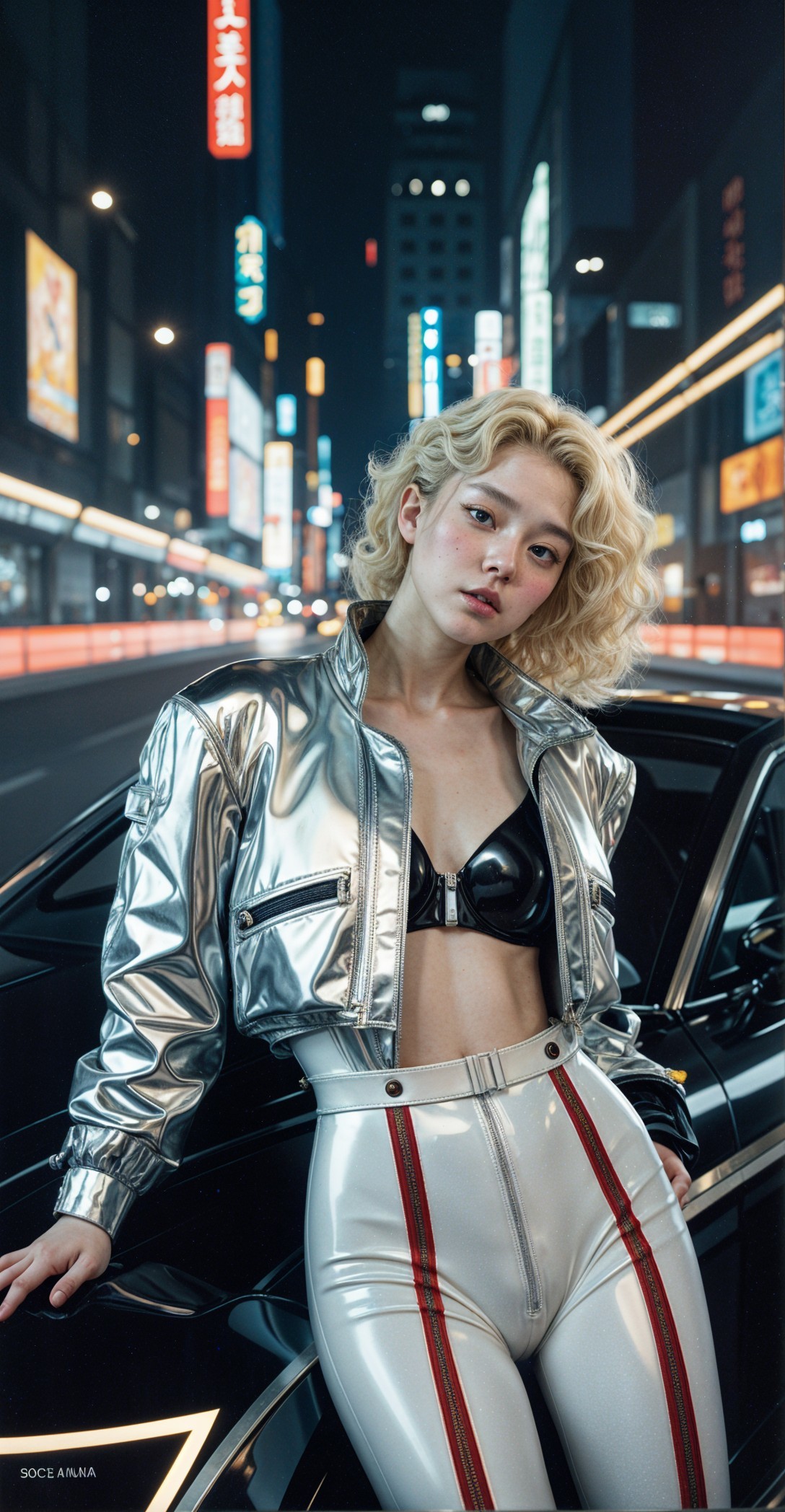Stylish Figure in Metallic Outfit Against Urban Nightscape