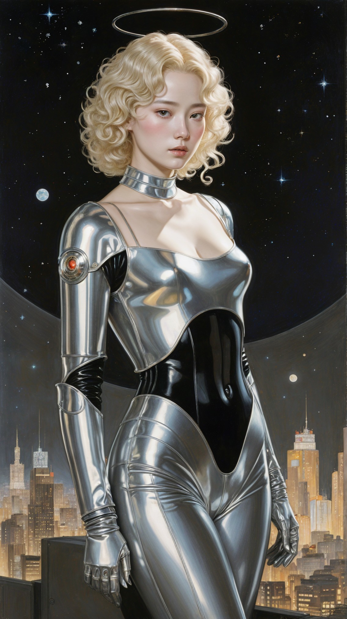 Futuristic figure with metallic attire against skyline