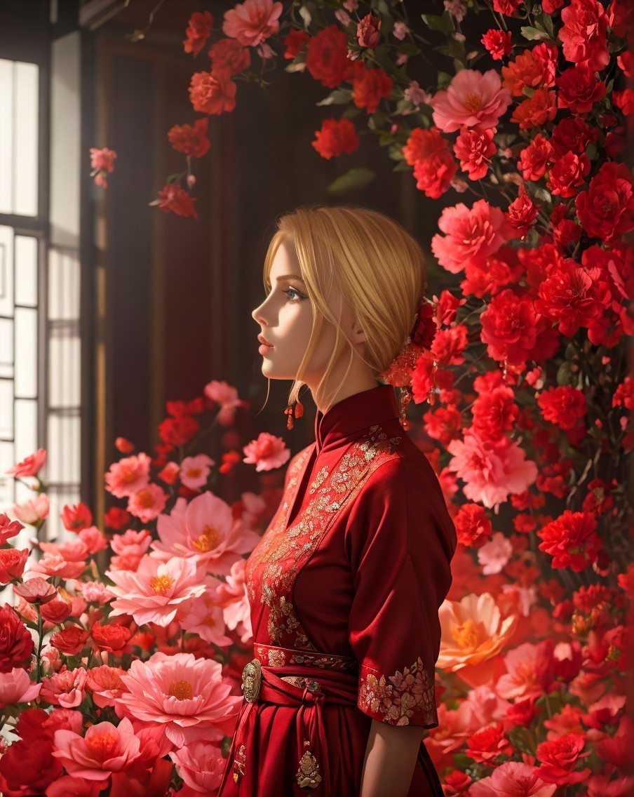 Woman in red traditional dress surrounded by lush flowers gazing out window