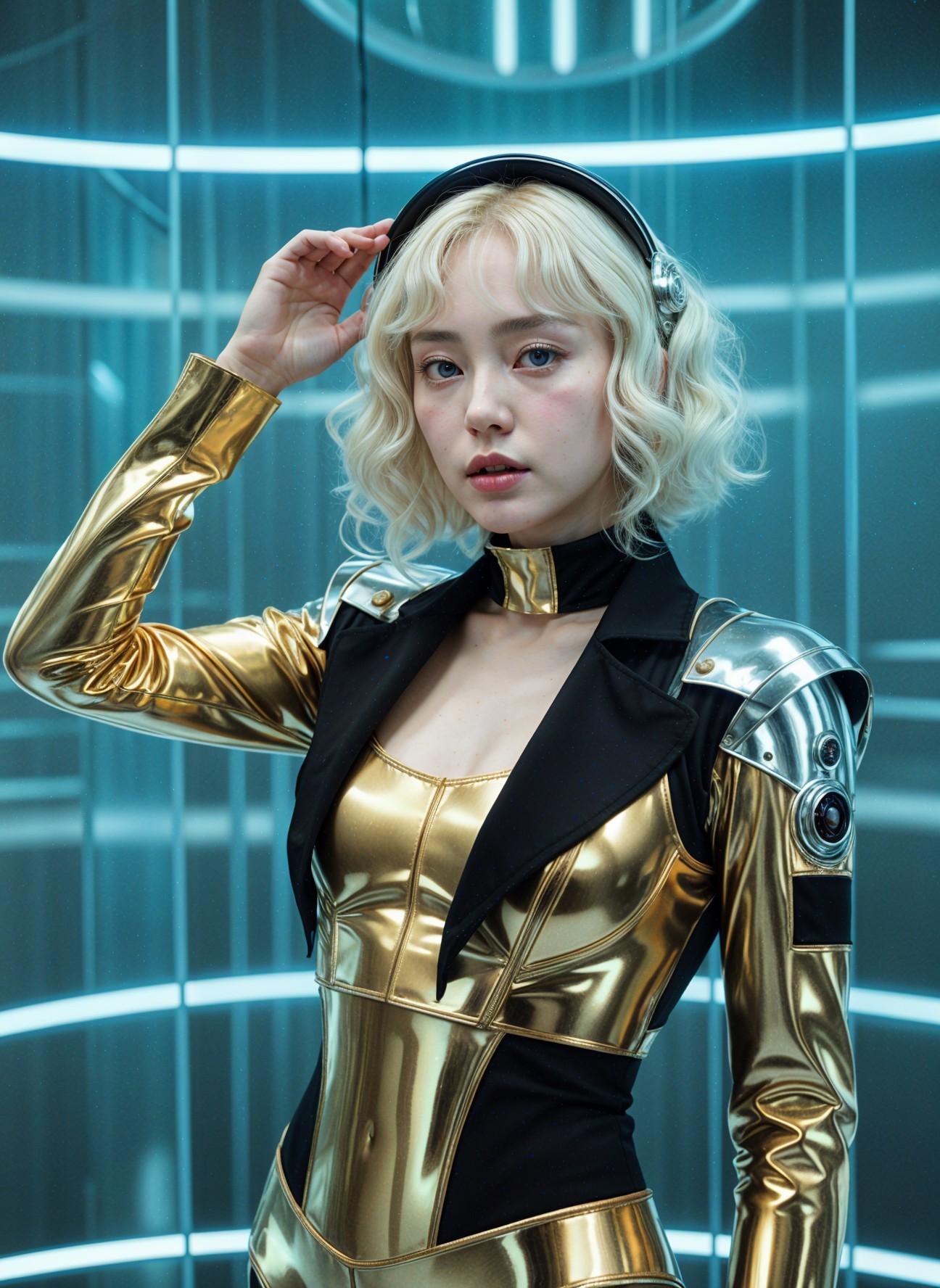 Young Woman in Futuristic Bodysuit with Headphones