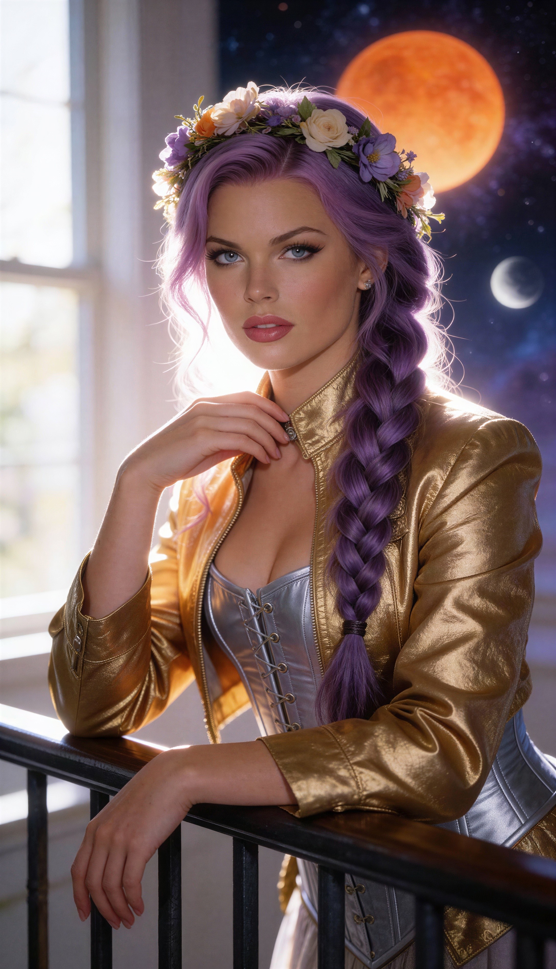 Seductive Woman in Metallic Outfit Against Moonlit Sky