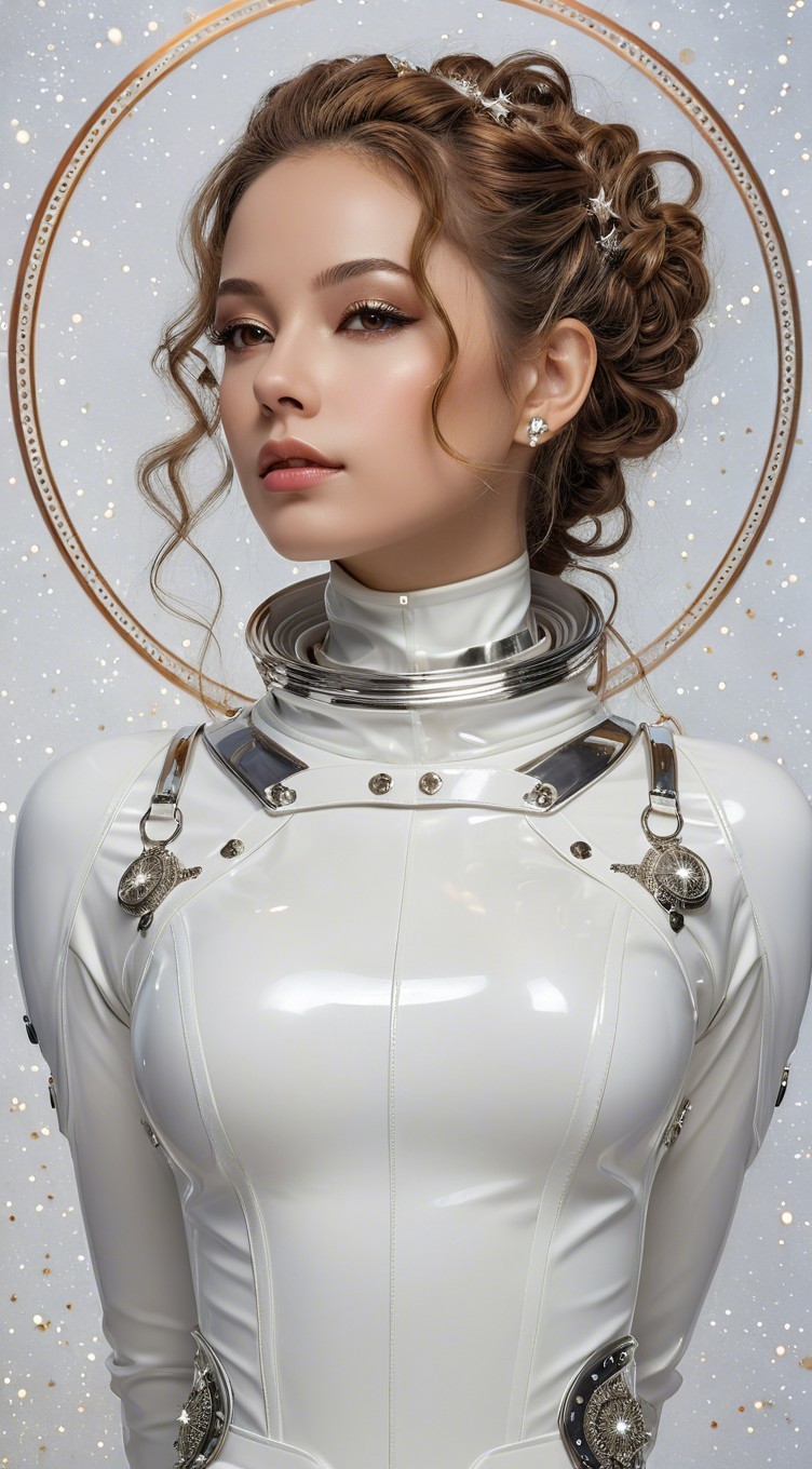 Futuristic Woman in White Outfit with Silver Accents